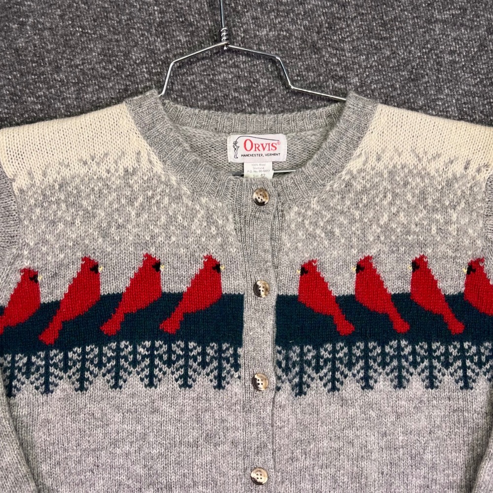 Orvis Cardinal Bird Cardigan Womens 42 Grey Shetland Wool Fair Isle Cabin Nature - Picture 16 of 16